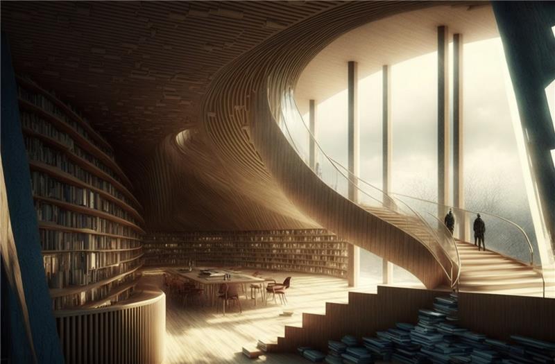 Bilde generert av Midjourney med beskrivelsen "Future library in Norway with sustainable building".